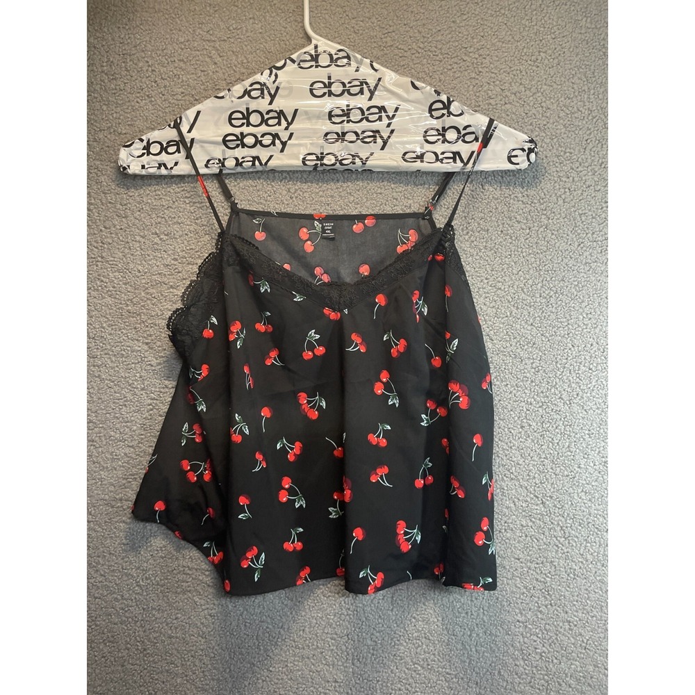 Shein CURVE Black Cami Lace Trim‎ Black Cherries Pattern Size 4XL